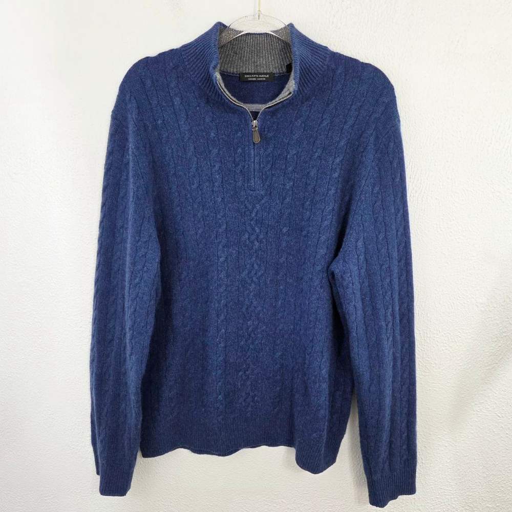 Saks Fifth Avenue men's cashmere quarter zip sweater blue cable knit size XL